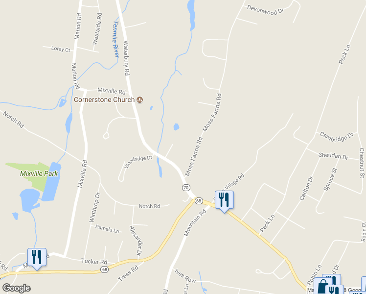 map of restaurants, bars, coffee shops, grocery stores, and more near 215 Moss Farms Road in Cheshire