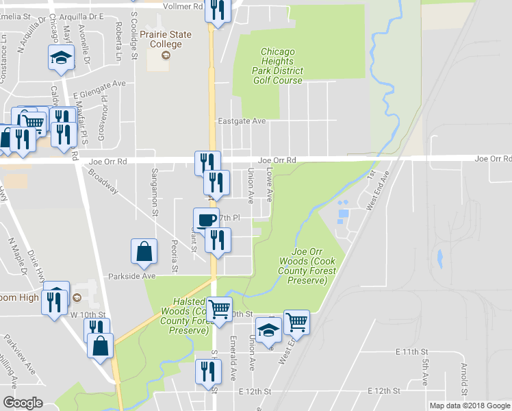map of restaurants, bars, coffee shops, grocery stores, and more near 707 Union Avenue in Chicago Heights