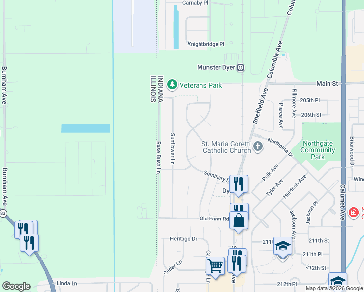 map of restaurants, bars, coffee shops, grocery stores, and more near 700 Seminary Drive in Dyer