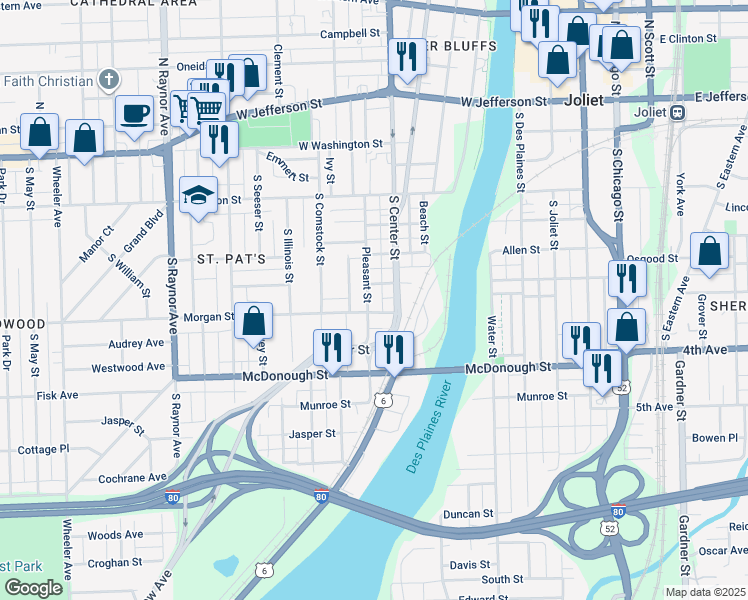 map of restaurants, bars, coffee shops, grocery stores, and more near 226 Pleasant Street in Joliet