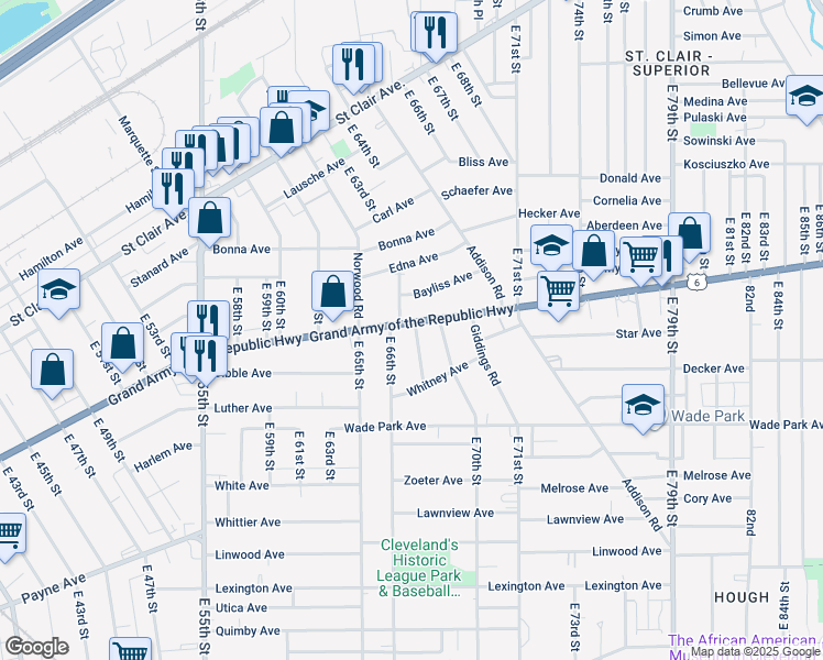 map of restaurants, bars, coffee shops, grocery stores, and more near 6712 Superior Avenue in Cleveland