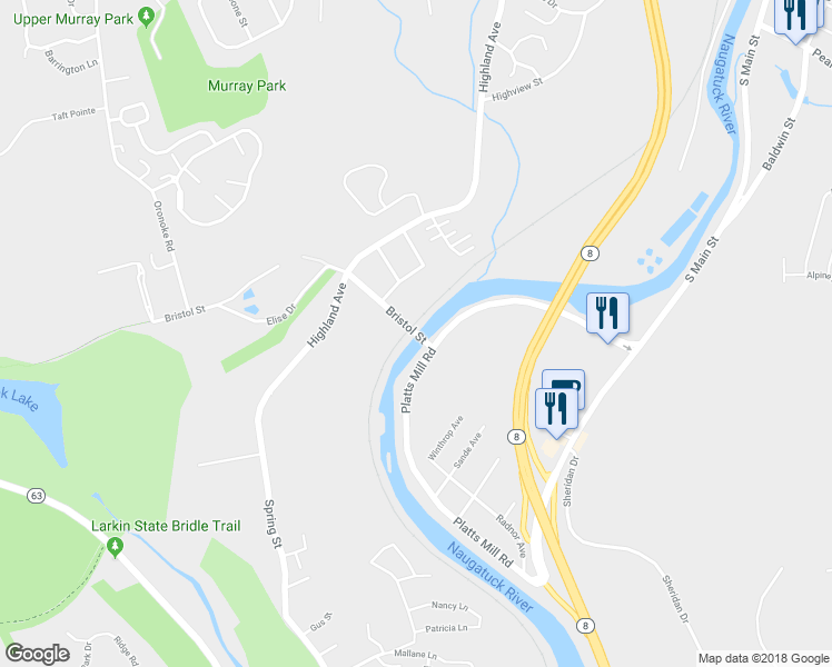 map of restaurants, bars, coffee shops, grocery stores, and more near 21 Bristol Street in Waterbury