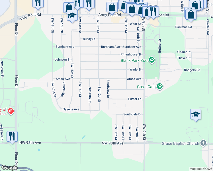 map of restaurants, bars, coffee shops, grocery stores, and more near 7260 Southview Drive in Des Moines