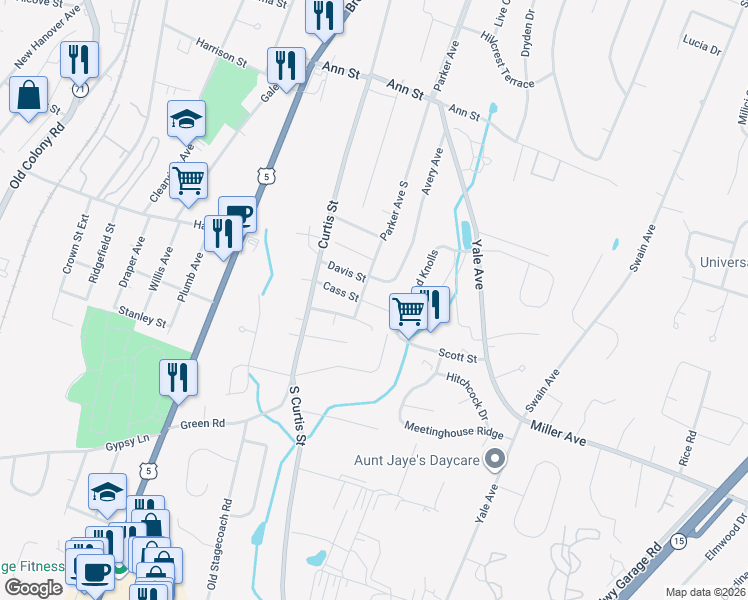 map of restaurants, bars, coffee shops, grocery stores, and more near 72 Cass Street in Meriden