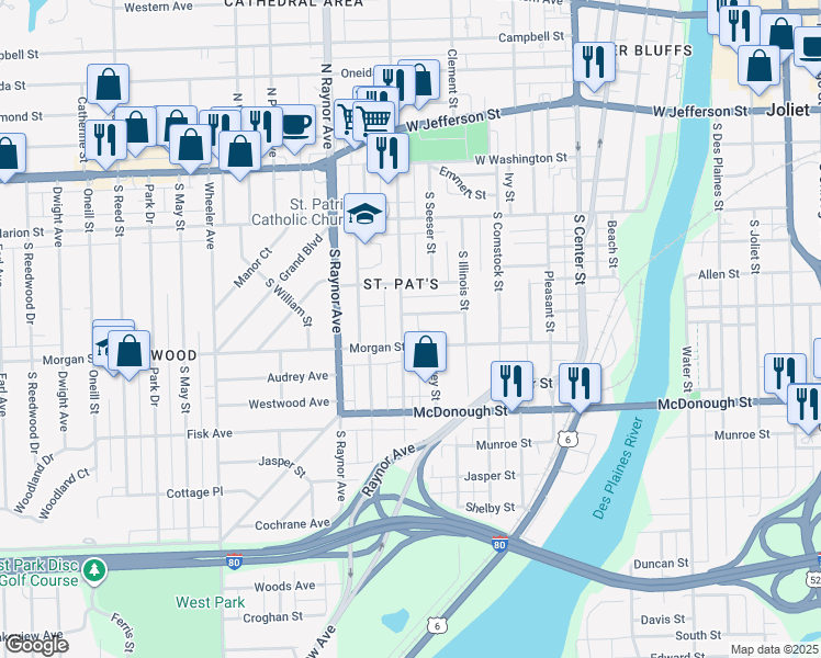 map of restaurants, bars, coffee shops, grocery stores, and more near 222 South Hunter Avenue in Joliet
