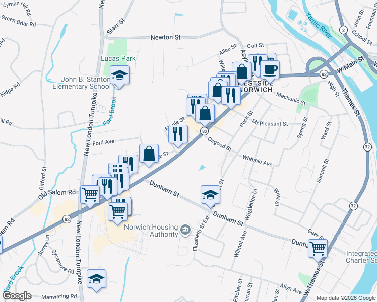 map of restaurants, bars, coffee shops, grocery stores, and more near 212 1/2 Maple Street in Norwich