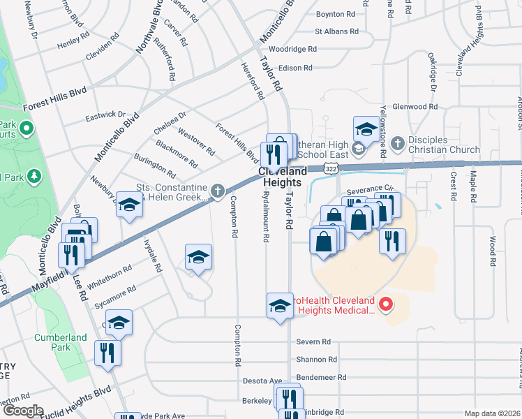 map of restaurants, bars, coffee shops, grocery stores, and more near 1508 Rydalmount Road in Cleveland Heights