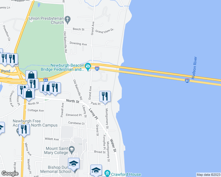 map of restaurants, bars, coffee shops, grocery stores, and more near 420 Montgomery Street in Newburgh