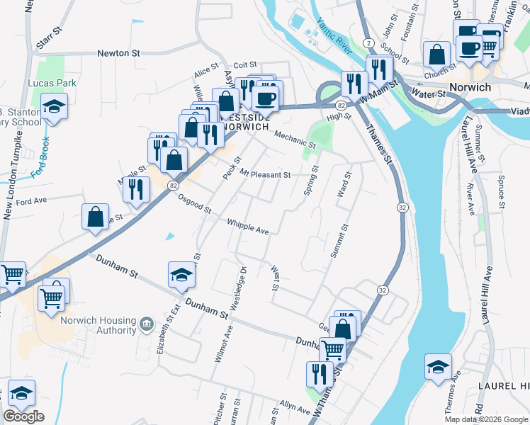 map of restaurants, bars, coffee shops, grocery stores, and more near 30 Benjamin Street in Norwich