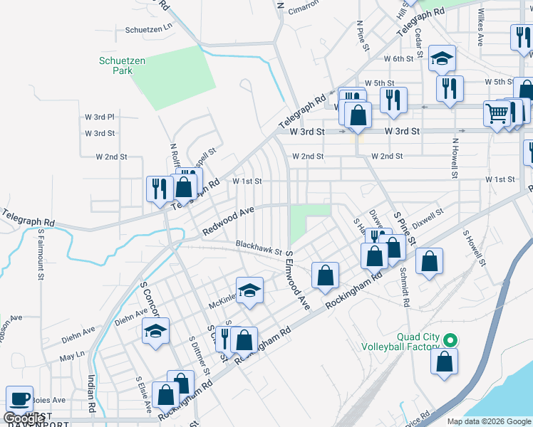 map of restaurants, bars, coffee shops, grocery stores, and more near 212 South Thornwood Avenue in Davenport