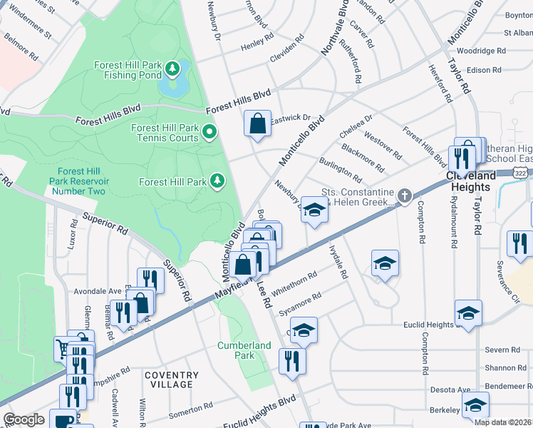 map of restaurants, bars, coffee shops, grocery stores, and more near 2515 Bolton Road in Cleveland Heights