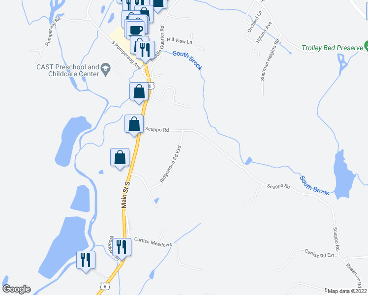 map of restaurants, bars, coffee shops, grocery stores, and more near 158 Scuppo Road in Woodbury