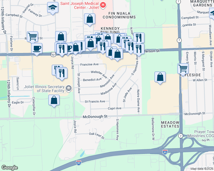 map of restaurants, bars, coffee shops, grocery stores, and more near 2204 Marmion Avenue in Joliet