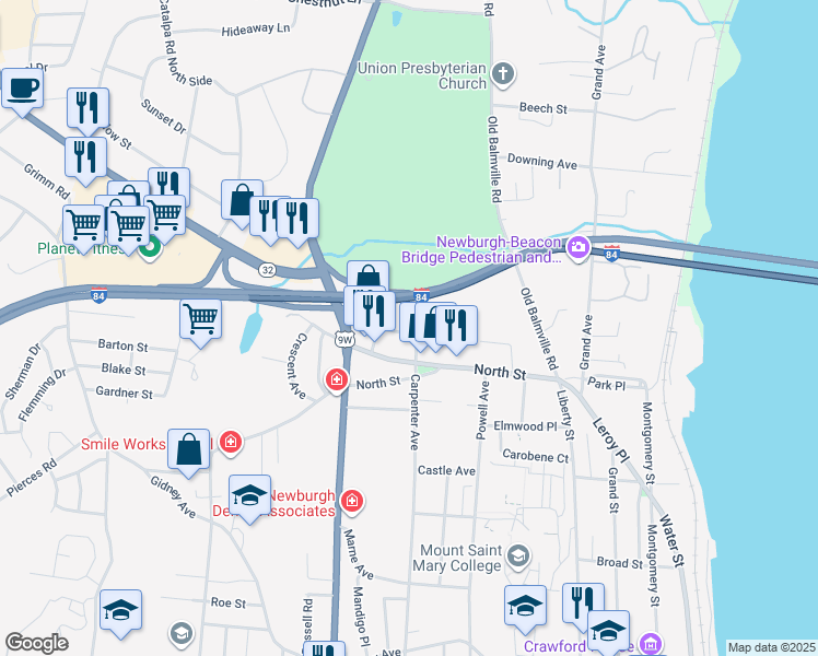 map of restaurants, bars, coffee shops, grocery stores, and more near 6 West Stone Street in Newburgh