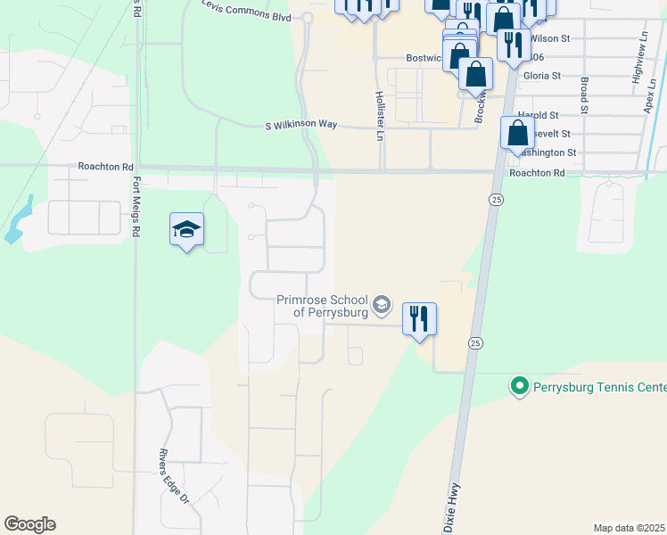 map of restaurants, bars, coffee shops, grocery stores, and more near 1643 Horseshoe Bend Drive in Perrysburg