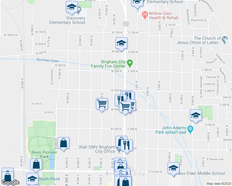 map of restaurants, bars, coffee shops, grocery stores, and more near 367 North Main Street in Brigham City