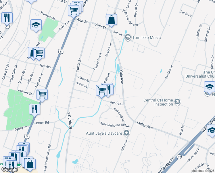 map of restaurants, bars, coffee shops, grocery stores, and more near 68 Westwood Knolls in Meriden