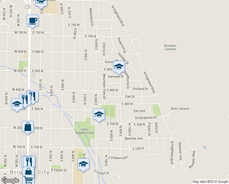 map of restaurants, bars, coffee shops, grocery stores, and more near 812 E 400 N in Brigham City