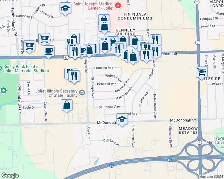 map of restaurants, bars, coffee shops, grocery stores, and more near 2217 Marmion Avenue in Joliet