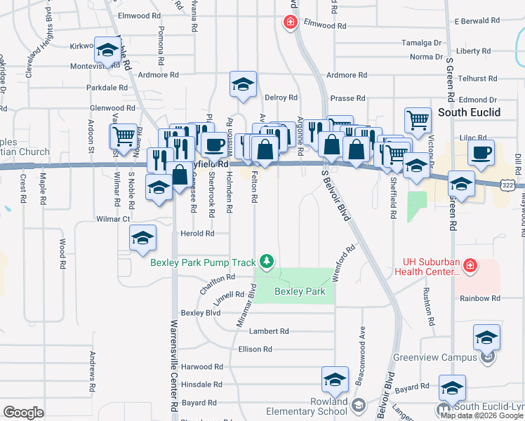 map of restaurants, bars, coffee shops, grocery stores, and more near 1519 Felton Road in South Euclid