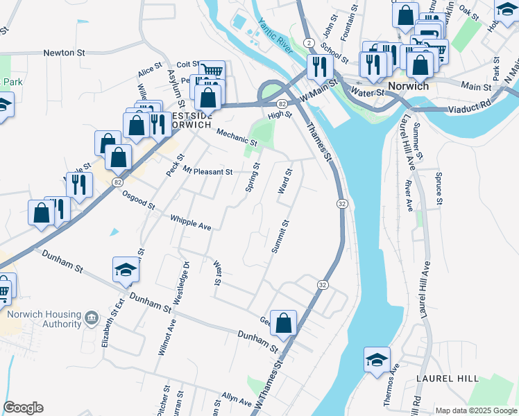 map of restaurants, bars, coffee shops, grocery stores, and more near 3 Summitwoods Drive in Norwich