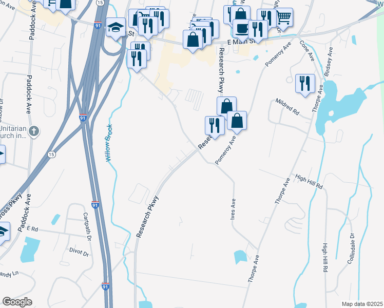 map of restaurants, bars, coffee shops, grocery stores, and more near in Meriden