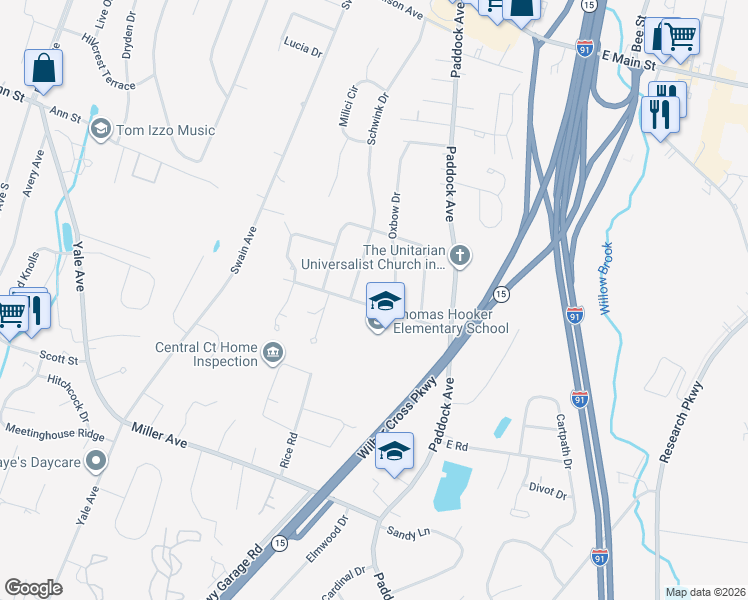 map of restaurants, bars, coffee shops, grocery stores, and more near 111 Overlook Road in Meriden