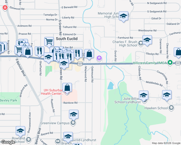 map of restaurants, bars, coffee shops, grocery stores, and more near 1519 Maywood Road in South Euclid