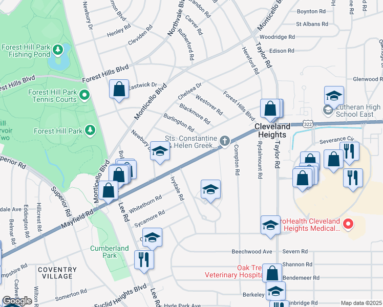 map of restaurants, bars, coffee shops, grocery stores, and more near 3265 Mayfield Road in Cleveland Heights