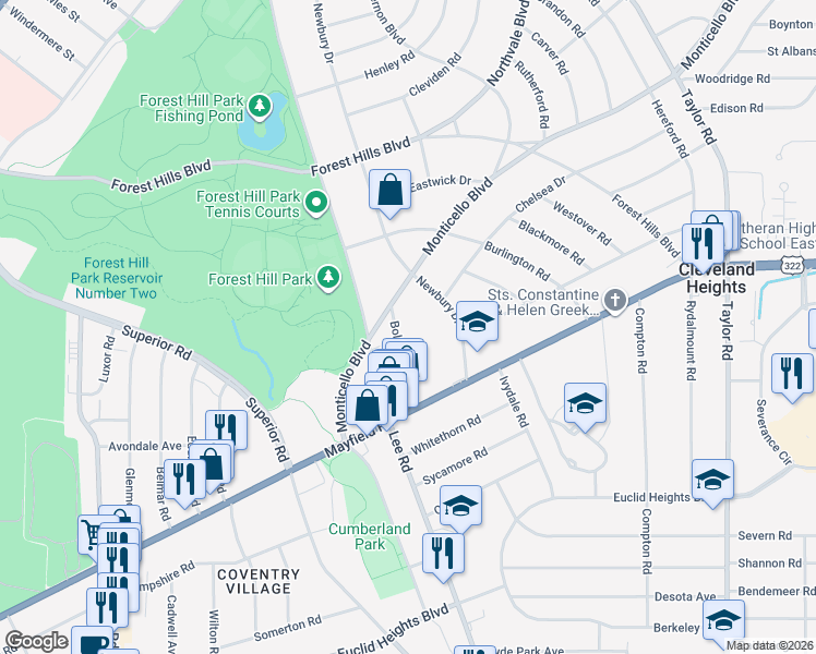 map of restaurants, bars, coffee shops, grocery stores, and more near 2515 Bolton Road in Cleveland Heights