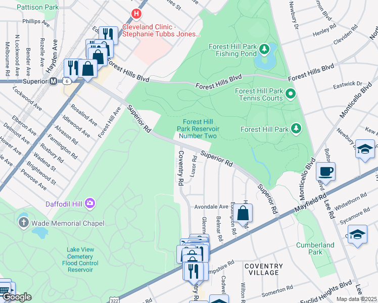 map of restaurants, bars, coffee shops, grocery stores, and more near 14000 Superior Road in East Cleveland