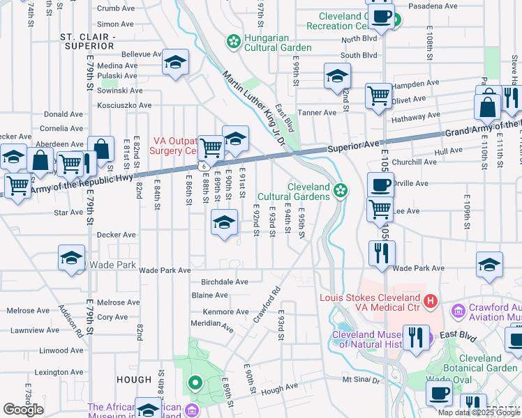 map of restaurants, bars, coffee shops, grocery stores, and more near 1390 East 93rd Street in Cleveland