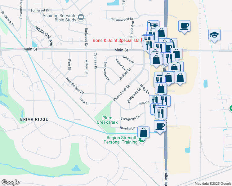 map of restaurants, bars, coffee shops, grocery stores, and more near 1050 Woodhollow Drive in Schererville