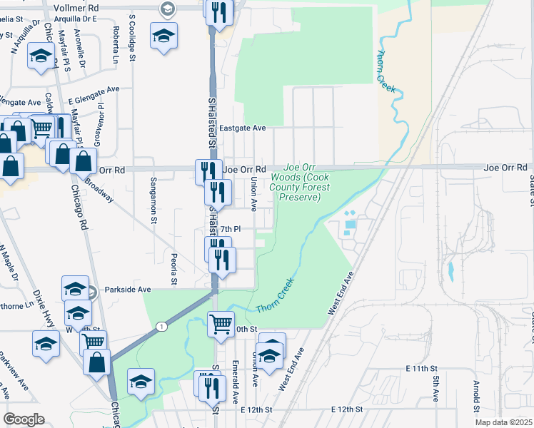 map of restaurants, bars, coffee shops, grocery stores, and more near 707 Union Avenue in Chicago Heights