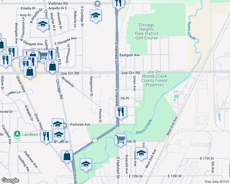 map of restaurants, bars, coffee shops, grocery stores, and more near 700 South Halsted Street in Chicago Heights