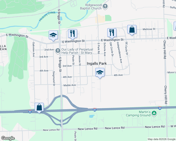 map of restaurants, bars, coffee shops, grocery stores, and more near 314 Barr Elms Avenue in Joliet