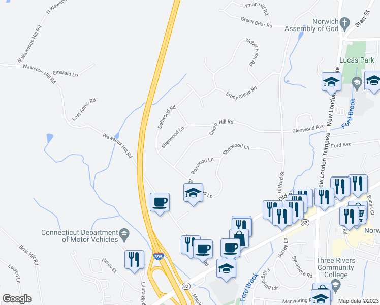 map of restaurants, bars, coffee shops, grocery stores, and more near 50 Cherry Hill Road in Norwich