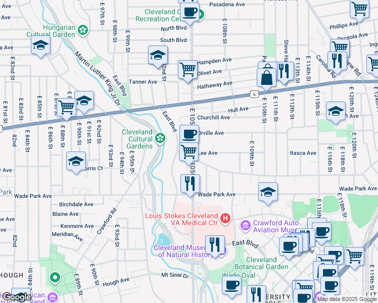 map of restaurants, bars, coffee shops, grocery stores, and more near 1400 East 105th Street in Cleveland