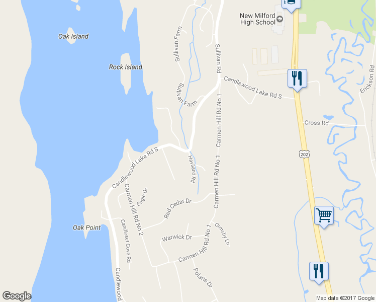 map of restaurants, bars, coffee shops, grocery stores, and more near 2 Haviland Road in New Milford
