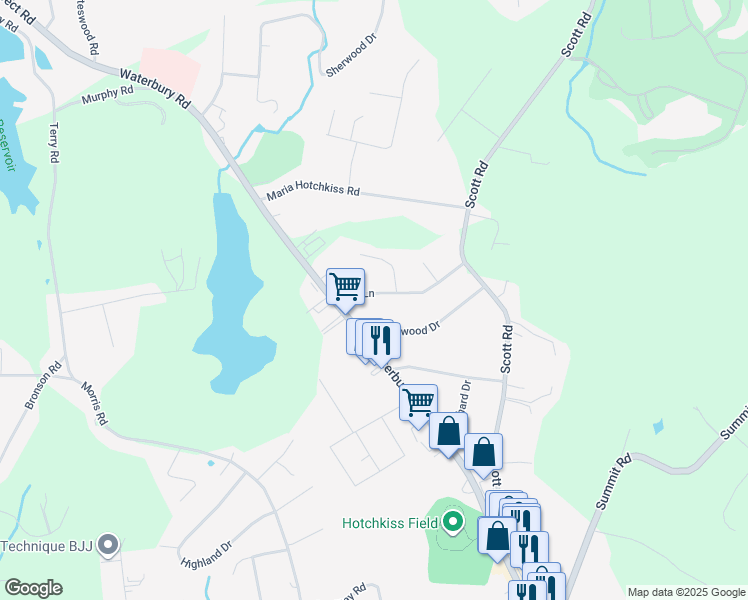 map of restaurants, bars, coffee shops, grocery stores, and more near 10 Oak Lane in Prospect