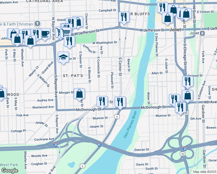 map of restaurants, bars, coffee shops, grocery stores, and more near 226 Hyde Park Avenue in Joliet