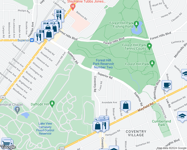 map of restaurants, bars, coffee shops, grocery stores, and more near 1502 Coventry Road in East Cleveland