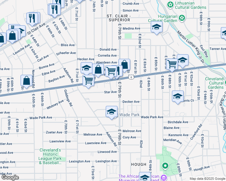 map of restaurants, bars, coffee shops, grocery stores, and more near 7705 Star Avenue in Cleveland