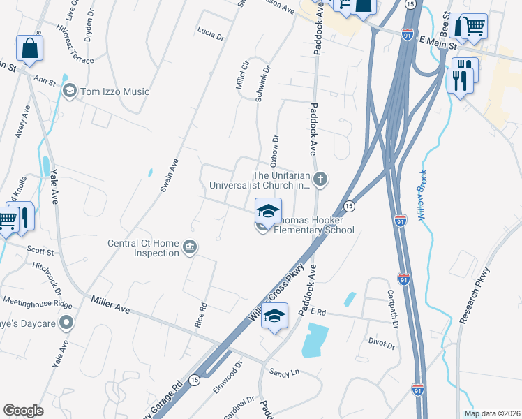 map of restaurants, bars, coffee shops, grocery stores, and more near 111 Overlook Road in Meriden