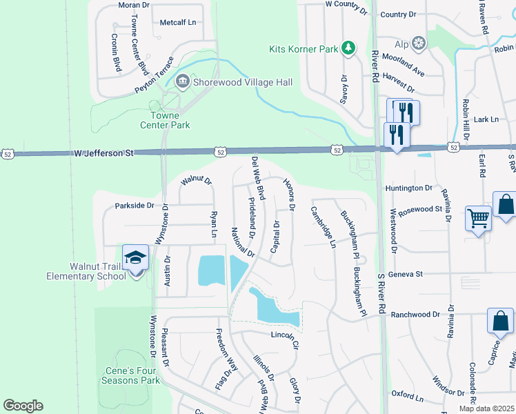 map of restaurants, bars, coffee shops, grocery stores, and more near 216 Prideland Drive in Shorewood