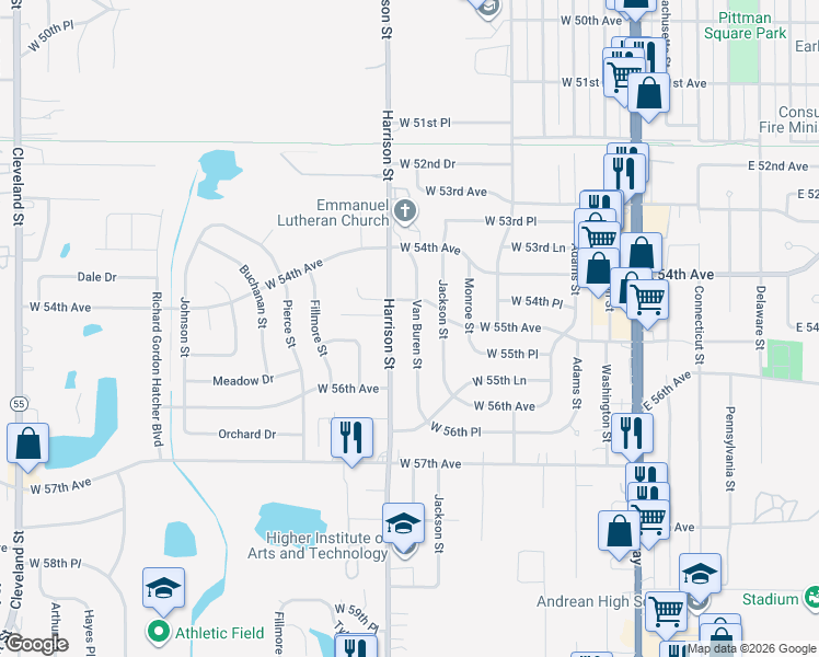 map of restaurants, bars, coffee shops, grocery stores, and more near 5522 Van Buren Street in Merrillville