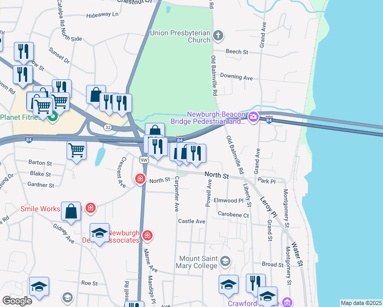 map of restaurants, bars, coffee shops, grocery stores, and more near 16 East Stone Street in Newburgh