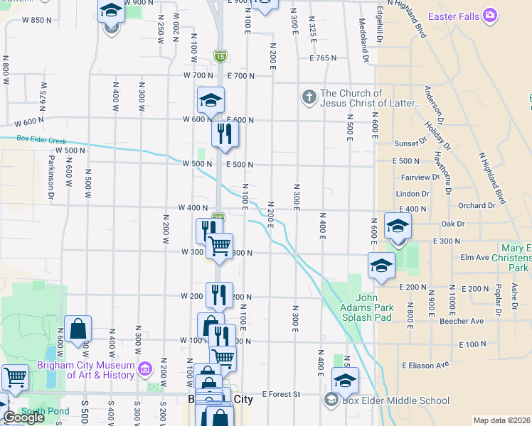 map of restaurants, bars, coffee shops, grocery stores, and more near 377 North 200 East in Brigham City