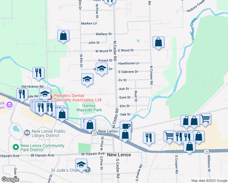 map of restaurants, bars, coffee shops, grocery stores, and more near 688 North Cedar Road in New Lenox