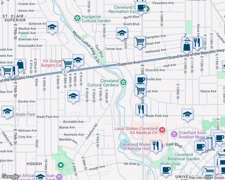 map of restaurants, bars, coffee shops, grocery stores, and more near 1416 Ansel Road in Cleveland